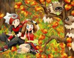  1girl :d aspear_berry autumn berries blue_eyes brown_hair chikorita85 couple creature fang grass hat leaf nature odamaki_sapphire open_mouth pokemon pokemon_special red_eyes ruby_(pokemon) sitting smile tree zigzagoon 
