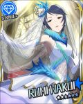  armpits bare_shoulders blue_hair character_name church diamond dress earrings elbow_gloves feathers gloves idolmaster idolmaster_cinderella_girls jewelry official_art solo veil wakui_rumi 