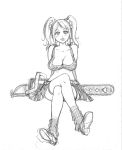  breasts chainsaw cheerleader cleavage clothes_writing crop_top crossed_legs highres juliet_starling large_breasts legs_crossed lips lollipop_chainsaw midriff monochrome shiwasu_no_okina sitting sketch skirt smile thigh-highs thighhighs twintails 