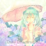  closed_eyes eyes_closed flower green_hair hatsune_miku long_hair ruru solo tears title_drop twintails umbrella vocaloid 