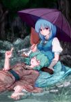  animal_ears aqua_hair blue_eyes blue_hair breasts closed_eyes dedeyong eyes_closed heterochromia japanese_clothes karakasa_obake kasodani_kyouko kimono lap_pillow lying multiple_girls nature on_back outdoors pointing red_eyes short_hair sunbeam sunlight tatara_kogasa touhou umbrella 