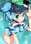  blue_eyes blue_hair blush breasts bubble goggles hair_bobbles hair_ornament hat kawashiro_nitori key no_pants short_hair sleeves_pushed_up solo swimsuit swimsuit_under_clothes takashiru tongue tongue_out touhou twintails 