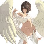  1girl black_hair brown_hair crossed_legs elona god goddess lulwy_of_wind nude robe rueken sash short_hair sitting solo thighs white_background wings 