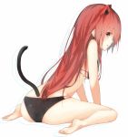  animal_ears barefoot bikini cat_ears cat_tail feet la-na leaning_forward long_hair looking_back original red_eyes red_hair redhead simple_background sitting soles solo swimsuit tail wariza white_background 