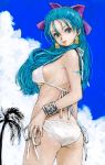  bikini blue_eyes blue_hair dragon_quest dragon_quest_v earrings flora jewelry long_hair looking_back pon solo strap_gap swimsuit 