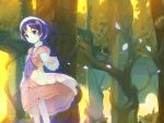  atelier_(series) atelier_ayesha black_hair brown_eyes dress hat highres nio_altugle outstretched_arm outstretched_hand pantyhose petals short_hair smile solo tam2 tree white_legwear 