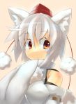  animal_ears blush detached_sleeves hat inubashiri_momiji page red_eyes short_hair silver_hair simple_background sleeves_past_wrists smile solo tail tokin_hat touhou white_hair wide_sleeves wolf_ears wolf_tail 