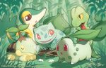  brown_eyes bulbasaur chikorita closed_eyes creature finni_chang flower grass green mouth_hold nature no_humans outdoors plant pokemon pokemon_(creature) red_eyes signature snivy treecko turtwig watermark web_address yellow_eyes 