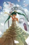  arm_up bird bouquet cloud clouds dress elbow_gloves flower gloves green_eyes green_hair hatsune_miku long_hair open_mouth sky solo th twintails vocaloid wedding_dress 