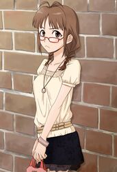  :&lt; akizuki_ritsuko annoyed bracelet braid brown_eyes brown_hair frown glasses idolmaster jewelry kghsgfssjs long_hair necklace pout skirt solo twin_braids 