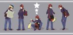  backpack bag cyndaquil feeding grey_background highres konika male map pokemon pokemon_(game) pokemon_hgss red_hair redhead silver_(pokemon) sitting 