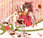  :q ;q adapted_costume bare_shoulders bow bowtie brown_eyes chocolate clog_sandals detached_sleeves food frills fruit gohei hair_bow hakurei_reimu hand_behind_head happy_valentine highres in_food kuronohana minigirl pocky red_eyes solo strawberry tabi tongue touhou valentine wings wink 