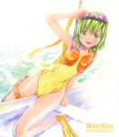  :d artist_name asics blush competition_swimsuit flippers goggles goggles_on_head green_eyes green_hair gumi mayo_riyo one-piece_swimsuit open_mouth shiny shiny_skin smile snorkel solo swimsuit thigh_strap traditional_media vocaloid water 