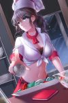  belt black_hair book breasts chef_hat cleavage dutch_angle front-tie_top frown green_eyes hat holding large_breasts long_hair lowres midriff navel pointing salt_shaker sleeves_rolled_up standing sword_girls tied_shirt toque_blanche twintails 