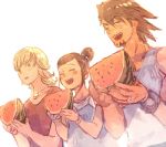  2boys age_difference bad_id barnaby_brooks_jr blonde_hair brown_hair facial_hair father_and_daughter food fruit kaburagi_kaede kaburagi_t_kotetsu multiple_boys pon_(cielo) side_ponytail stubble summer tamaxkake tank_top tiger_&amp;_bunny watermelon 