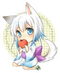  animal_ears anklet appel apple bell blue_hair chibi eating food fox_ears fox_tail fruit gradient_hair japanese_clothes jewelry jingle_bell kimono kuronohana looking_at_viewer multicolored_hair obi original sitting solo tail wariza white_hair 