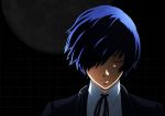  1boy arisato_minato blue_eyes blue_hair closed_eyes full_moon hair_over_one_eye male moon official_art persona persona_3 persona_3_the_movie school_uniform solo 