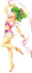  90s anklet barefoot bow bracelet dancer dancing earrings fire_emblem green_eyes green_hair hair_bow highres jewelry leen_(fire_emblem) long_legs official_art scan tied_hair toe_ring toes traditional_media veil 