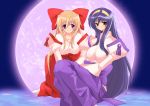  bad_id blonde_hair blue_hair bow full_moon hair_bow hairband hakama himemiya_chikane japanese_clothes kannazuki_no_miko kinonono12 kurusugawa_himeko long_hair miko moon multiple_girls sitting wide_sleeves 