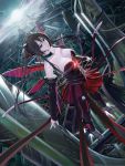  bare_shoulders black_hair breasts choker cityscape cleavage detached_sleeves flying highres large_breasts long_hair mecha_musume okingjo original red_eyes science_fiction signature skirt solo very_long_hair wings 