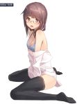  ac_(eshi) bare_shoulders black_legwear blush bra breasts brown_eyes brown_hair cleavage glasses open_clothes open_mouth open_shirt original sitting solo strap_gap striped striped_bra thigh-highs thighhighs underwear undressing wariza white_background 