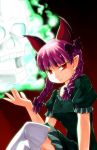  alternate_hair_color animal_ears bow braid breasts cat_ears crossed_legs dress extra_ears ghost green_dress hair_bow horikawakyo kaenbyou_rin legs_crossed light_smile looking_at_viewer open_hand pointy_ears purple_hair red_background red_eyes short_hair sitting skull solo thigh-highs thighhighs touhou twin_braids twintails white_legwear 