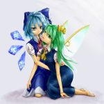  barefoot blue_eyes blue_hair bow cirno daiyousei dress green_eyes green_hair hair_bow hair_ribbon highres ice ice_wings kneeling multiple_girls ribbon short_hair side_ponytail soraironokumo touhou wings 