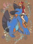  1girl ajisaien3260 bandana brown_background brown_hair closed_eyes flower gloves haruka_(pokemon) hat pokemon pokemon_(creature) pokemon_(game) pokemon_rse smile swampert tegaki 