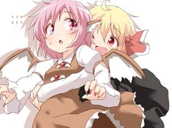  2girls :o ;d animal_ears blonde_hair dress fang frilled_dress frills hair_ribbon hug hug_from_behind multiple_girls mystia_lorelei natsu_no_koucha no_hat one_eye_closed open_mouth pink_hair red_eyes ribbon rumia shirt short_hair skirt smile sweat touhou violet_eyes wings 