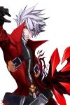  absurdres belt blazblue claws devoured_by_darkness early_type gloves green_eyes grin heterochromia highres jacket male multiple_belts ragna_the_bloodedge red_eyes short_hair silver_hair smile solo 