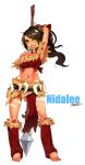  arm_up bare_shoulders barefoot breasts brown_hair character_name feet league_of_legends long_hair midriff navel nidalee polearm ponytail redlion solo weapon yellow_eyes 