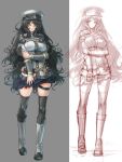  black_hair black_legwear boots comparison copyright_request hat hayama_kazusa highres knee_boots lips long_hair looking_at_viewer military military_uniform parted_lips pleated_skirt simple_background sketch skirt thigh-highs thigh_strap thighhighs very_long_hair yellow_eyes zettai_ryouiki 