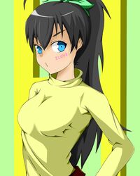  ahoge black_hair blue_eyes body_writing breasts ganaha_hibiki hair_ribbon hand_on_hip highres hips idolmaster kidoriyacats large_breasts long_hair ponytail ribbon solo sweater tan turtleneck 