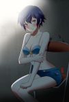  bare_shoulders bikini_top blue_eyes blue_hair blush breasts cleavage denim denim_shorts grey_eyes hips looking_at_viewer machinosuke midriff navel persona persona_4 shirogane_naoto short_hair shorts shy sitting solo 