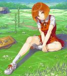  brown_eyes brown_hair daigoman legs looking_away meiko nature outdoors sakine_meiko shoes short_hair sitting sky smile solo translation_request vocaloid young 