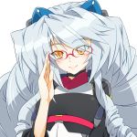  arm_up bespectacled blush breasts drill_hair glasses hair_ornament highres kyoukai_senjou_no_horizon large_breasts long_hair neito_mitotsudaira silver_hair simple_background smile solo touryou very_long_hair white_background yellow_eyes 