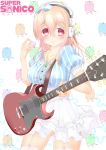  1girl absurdres blush bow breasts electric_guitar garter_straps guitar headphones highres instrument large_breasts long_hair looking_at_viewer macaron nitroplus pink_eyes pink_hair smile solo super_sonico 