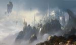  building castle cliff cloud clouds dome fantasy floating_island floating_rock fog highres hill no_humans original path rock scenery signature sky towel tower tree water waterfall watermark web_address 