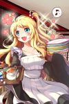  1girl blonde_hair blue_eyes collarbone cup cupcake fang female flower frills glowing holding japanese_clothes kimono lolita_fashion long_hair lowres maid musical_note open_mouth plate scrunchie solo spoon sword_girls teacup very_long_hair wa_lolita wooni 