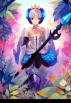  armor armored_dress bangs blunt_bangs choker cocorip crown flower forest gwendolyn hair_ornament hand_on_neck leaf littlevein89 nature odin_sphere polearm purple_eyes solo spear tiara weapon white_hair 