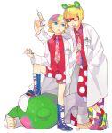  animal_costume animal_ears arm_up artist_name bangs bear_costume bear_ears bear_head blonde_hair blue_eyes blunt_bangs boots child cross-laced_footwear crossed_ankles dual_personal face_down fake_animal_ears flower glasses hand_in_pocket id_card irabu_ichirou kuuchuu_buranko labcoat leaning leaning_forward long_sleeves male multiple_boys multiple_persona necktie necktie_grab needle open_mouth polka_dot reka shoes shorts simple_background sneakers stepping sweat swept_bangs white_background wink 