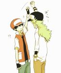  2boys baseball_cap black_hair fingerless_gloves gloves green_hair hat height_difference n_(pokemon) pokemon pokemon_(game) pokemon_bw pokemon_rgby red_(pokemon) red_(pokemon)_(classic) tomtomjm white_background 