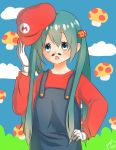  1girl absurdres aqua_hair blue_eyes cosplay fake_mustache gloves hair_bobbles hair_ornament hand_on_hip hat hatsune_miku highres looking_at_viewer mario mario_(cosplay) mushroom nyankiti open_mouth overalls solo super_mario_bros. super_mushroom twintails vocaloid white_gloves 