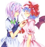  apron bat_wings blouse blue_eyes blue_hair blush braid ears faux_traditional_media hat hat_ribbon hifumi_(art_sky_littel) izayoi_sakuya lips looking_at_another looking_down maid_headdress multiple_girls profile red_eyes remilia_scarlet ribbon short_sleeves silver_hair simple_background skirt touhou twin_braids vest white_background wings wrist_cuffs 