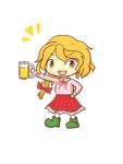  beer beerko blonde_hair boots bow chibi open_mouth plaid plaid_skirt ribbon simple_background skirt smile yellow_eyes 