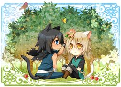  :&lt; animal_ears asato_(lamento) bird black_hair blonde_hair blue_hair butterfly cat_ears cat_tail chibi dark_skin fang flower hair_flower hair_ornament highres konoe kuronohana lamento male multiple_boys orange_eyes short_hair sitting tail 