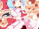  ayakashi_(monkeypanch) bat_wings blue_hair blush dress dress_lift finger_to_mouth outline red_eyes remilia_scarlet solo striped striped_background touhou wings wrist_cuffs 