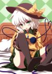  bed bed_sheet black_legwear blush buttons checkered checkered_background eyeball feet green_eyes hand_on_knee hat hat_ribbon highres isa komeiji_koishi no_shoes on_bed open_mouth ribbon short_hair silver_hair sitting skirt solo thigh-highs thighhighs third_eye touhou 