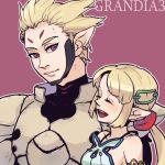  1girl alfina armor blonde_hair brother_and_sister closed_eyes dramatica elf emellious eyes_closed grandia grandia_iii height_difference long_hair pointy_ears ponytail purple_background red_eyes siblings smile title_drop 