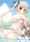  ahoge ball beachball bikini blush brown_eyes fence hair_ribbon ichiroku innertube kasugano_sora long_hair partially_submerged polka_dot ribbon side-tie_bikini silver_hair solo stuffed_animal stuffed_bunny stuffed_toy swimsuit twintails water yosuga_no_sora 